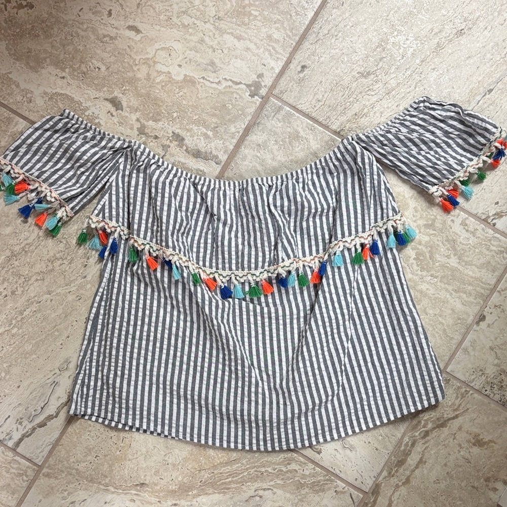 Striped Off-Shoulder Top with Tassels